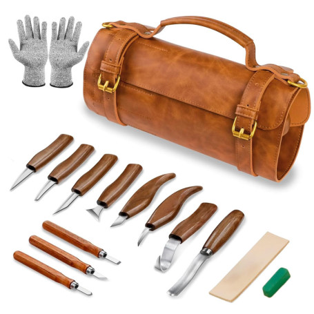 Kit de Sculpture sur Bois Fynokst 15 en 1 avec Outils et Sac en Cuir