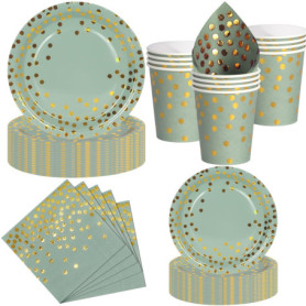 Nkaiso Set de Vaisselle Jetable Élégant 50 Pièces Vert Sauge et Or