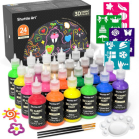 Peinture Textile 3D Permanent Shuttle Art - 24 Couleurs Métalliques et Néon avec Pinceaux