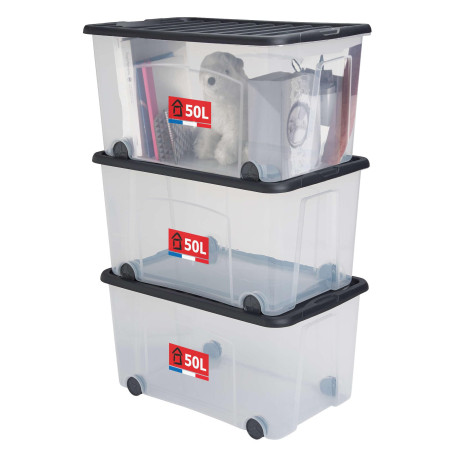 SUNDIS Ventilo, boîte de rangement avec roues, lot de 3, couvercle noir, 50l, en plastique transparent, superposables et empilab