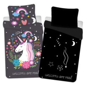 Parure de lit Licorne 100% Coton Réversible - Housse de Couette 140x200 cm