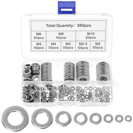 QWORK® 360 Rondelles Plates en Acier Inoxydable 304 avec Boîte de Rangement