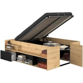 Lit Coffre ODYSSEE 140x200 cm avec Sommier Relevable en Chêne et Noir