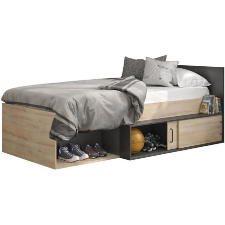 Lit Enfant GAMI Erquy avec Rangement - Chêne Clair et Noir - 90x200 cm