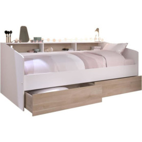 Lit Banquette JOY avec 2 Tiroirs et 3 Niches - 90 x 200 cm - Chêne et Blanc
