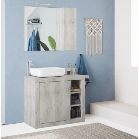 Meuble de Salle de Bain Rome avec Vasque Intégrée - 2 Portes et 3 Niches en Chêne Pin Clair