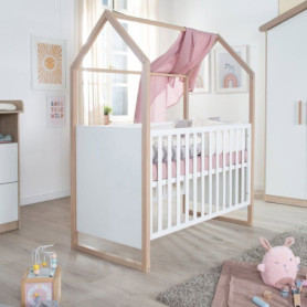 Lit bébé 2-en-1 Cabane ROBA - 60 x 120 cm - Chêne et Blanc