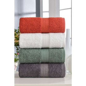 Ensemble de 4 serviettes de bain en coton - Blanc, Vert, Anthracite, Orange