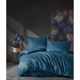 Parure de lit satinée rayée bleue - Housse de couette 140x200cm et taies 60x60cm