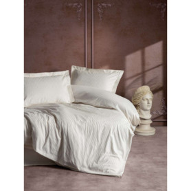 Parure de lit satinée 140x200 cm avec taie d'oreiller - Rayures Ecru