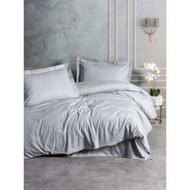 Parure de lit en satin rayé gris - Housse de couette 140x200cm et taies 60x60cm