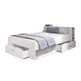 Lit adulte contemporain OXYGENE blanc perle avec tête de lit - 160x200 cm