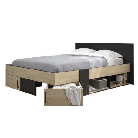 Lit adulte avec tiroirs de rangement SWIVEL - Châtaignier et Noir - 160x200
