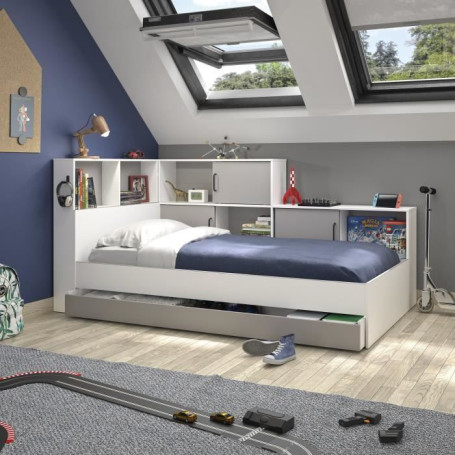 Lit enfant GAMI Erwan avec rangements - Blanc et gris - 90 x 200 cm