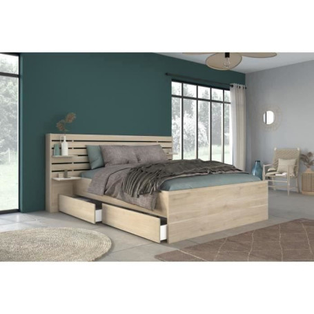 Lit adulte ESCALE 140x190 cm avec tête de lit et tiroirs en chêne du Japon
