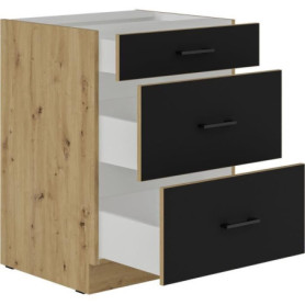 Meuble Bas Casserolier MODENA - 3 Tiroirs en Chêne Artisan et Noir Mat