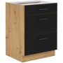 Meuble Bas Casserolier MODENA - 3 Tiroirs en Chêne Artisan et Noir Mat