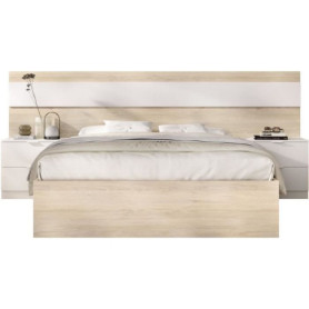 Lit adulte NIZA avec chevets intégrés - 160 x 200 cm - Chêne naturel et blanc