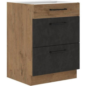 Meuble Casserolier ROCK - 3 Tiroirs en Chêne Lancelot et Gris - 60 cm