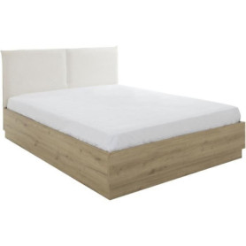 Lit coffre TIDY avec tête textile - 140 x 190 cm - Chêne et Écru