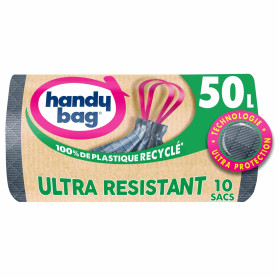 Handy Bag Sacs poubelle à poignées coulissantes Ultra Résistant & Fond anti-fuite, 100% plastique recyclé, 1 rouleau de 10 sacs 