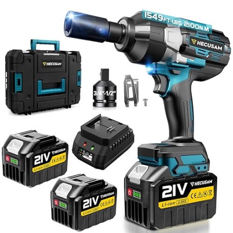 Hecusam 2100 N.M Clé à Chocs Sans Fil Brushless, 3/4" Boulonneuse A Choc Electrique Avec 2 Batterie, Adaptateur 1/2", Visseuse A