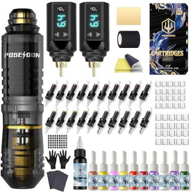 Kit de Machine à Tatouer Rotative Sans Fil POSEIDON avec 20 Cartouches d'Aiguilles,Encres & 2 Batteries Rechargeables | Pistolet