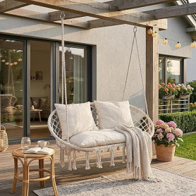 casa.pro Fauteuil Suspendu Kailua Balancelle pour 2 Personnes avec Large Assise et 3 Coussins 135 x 129 x 65 cm Tressé Style Boh