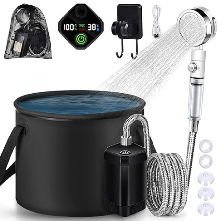 YOOHBERRYS Douche Camping avec Filtrante, 6000mAh Pompe de Douche Électrique Rechargeable avec 4 Cartouche Filtrante, Affichage