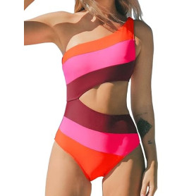 CUPSHE Maillot de bain une pièce pour femme, asymétrique, avec découpe, couleurs contrastantes