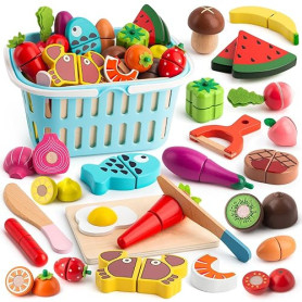 BunnyJOY Dinette Bois Accessoires Cuisine Enfant 2 3 Ans, Fruits et Légumes en Bois à Découper 26 Pièces, Jeu Éducatifs D’Imitat
