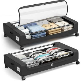 PHINOX Lot de 2 tiroirs de rangement sous lit avec roulettes, conteneurs de rangement sous lit avec couvercle transparent, tiroi