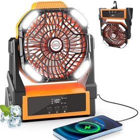 Sendowtek Ventilateur Batterie pour Camping 20000mAh, Puissant Silencieux avec Lumière LED et Crochet 4 Vitesses Réglables, Vent