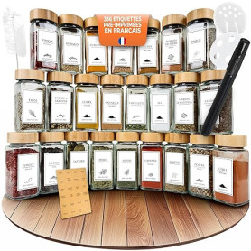 comforder – Pots à Épices en Verre et Bois + 336 Étiquettes Françaises pour Épices + 2 Moulins – 24 Bocaux de Cuisine 120 ml
