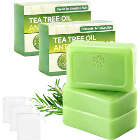 Lot de 3 savons à l’huile d’arbre à thé – Savon purifiant visage et corps pour peaux à imperfections, nettoyage en profondeur, c