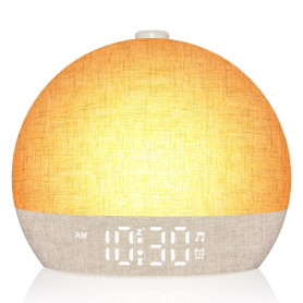 Réveil Lumineux Simulateur d'Aube, Reveil Matin avec 7 Sonneries, Lampe de Chevet 20 Niveaux de Luminosité, 30 Sons Naturels, Sn