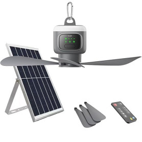 TRUYOK Ventilateur de Plafond Solaire Batterie Ventilateur de Camping avec Des Crochets LED Dimmable Ventilateur Plafond avec Té