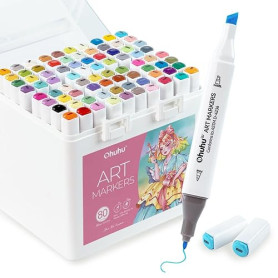 Ohuhu Marqueurs à alcool, 80 couleurs de marqueurs à double pointe + 1 mélangeur incolore, biseau et marqueur fin à base d'alcoo