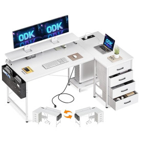 ODK Bureau d'angle avec 4 Tiroirs, 140x80cm Bureau en L avec Prise de Charge USB et Prise de Courant, Table Informatique Réversi