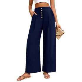Heekpek Pantalon Large Fluide pour Femmes - Détente Léger d'Été Palazzo à Taille Haute avec Boutons - Causal à Taille Élastiquée