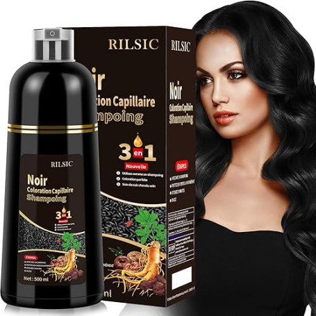 Shampoing Colorant Noir, 500ml Shampooing Teinture Cheveux Blancs, Black Hair Dye Shampoo 3 in 1, Shampoing Cheveux Colorés Inst