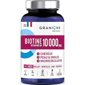 Biotine 10 000 µg GRANIONS, Complement alimentaire CHEVEUX, PEAU, ONGLES - Vitamine B5, Biotine, Millet, Cystine, Myrtille, Zinc
