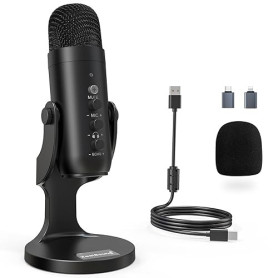 ZealSound Micro Podcast USB à Condensateur - Réduction du Bruit Microphone pour PC, téléphone & iPhone, avec Muet, Gain & Echo,