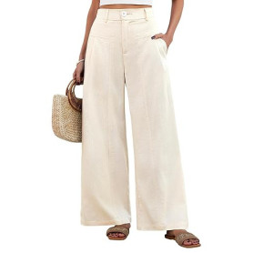 Fashora Pantalon Femme Été Lin Pantalons Taille Elastique Fluide Pantalons Chic et Elegant Ample Pantacourt Léger Décontractés P