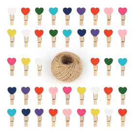 Lot de 100 mini pinces à linge en forme de cœur – 3,5 cm, 30 m de ficelle de jute pour loisirs créatifs, mariages et événements