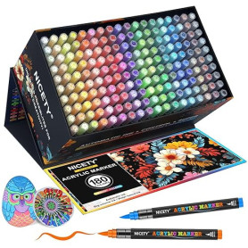 NICETY 180 Couleurs Feutres Acryliques – Marqueurs Pinceaux pour Peinture sur Pierre, Bois, Verre, Céramique – Pointe Pinceau 1-