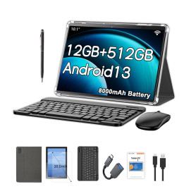 Crelander Tablette Android 13 10,1" avec fente pour carte SIM 4G LTE, appel 4G LTE, batterie 12 Go + 512 Go, batterie 8000 mAh, 