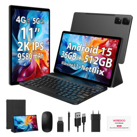 WOREGOO Tablette Android 15 de 11 Pouces, 4G LTE et WiFi 5G, Octa-Core, 36Go RAM+512Go ROM (1TB TF), Widevine L1, Écran FHD 2K 2