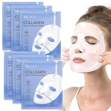 Masque Collagène 6 Pièces, Masque de Nuit au Collagène Bio Masque Hydratant Anti-Rides Liftant pour Apaiser, Réparer et Hydrater
