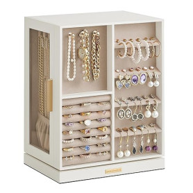 SONGMICS Boîte à Bijoux Rotative à 360°, Coffret à Bijoux avec 5 Tiroirs, Fenêtres en Verre Latérales, Grand, Rangement pour Acc